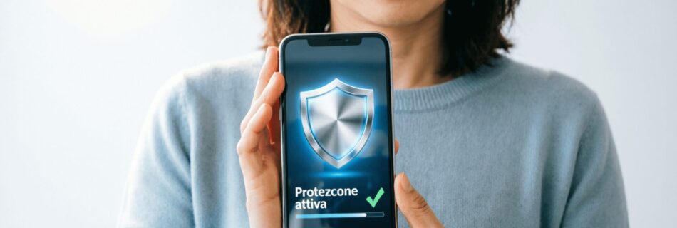 L'immagine mostra una persona con uno smartphone in mano con protezione sullo smartphone.
