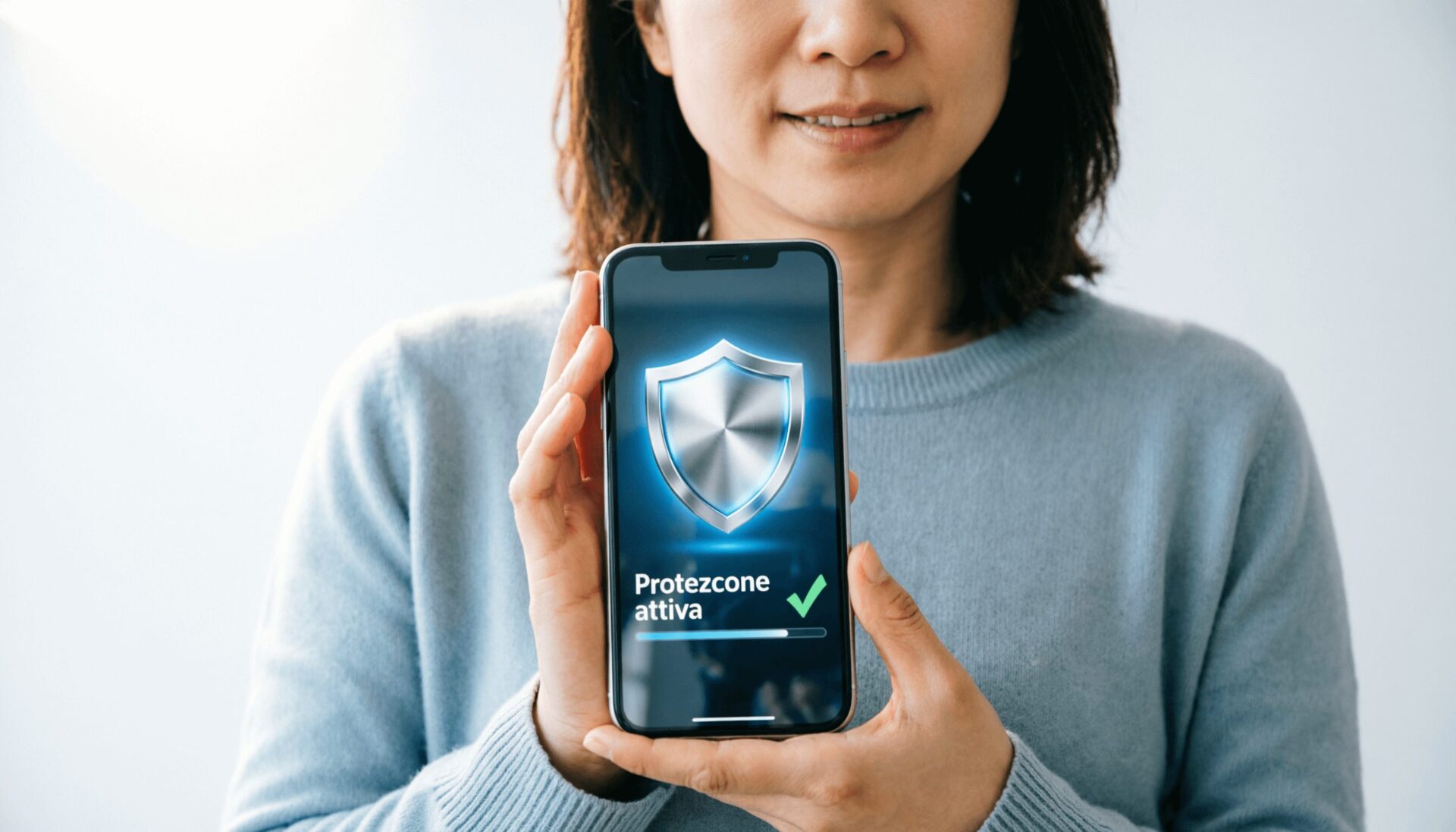 L'immagine mostra una persona con uno smartphone in mano con protezione sullo smartphone.