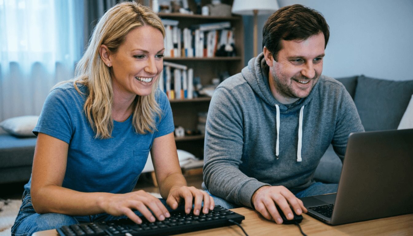 L'immagine mostra due persone che cercano approcci online da una possibile truffa social.