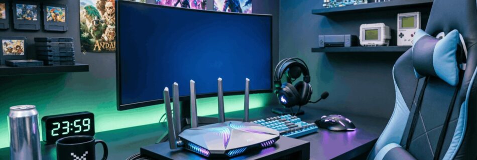 L'immagine mostra un router gaming in una postazione in stile nerd.