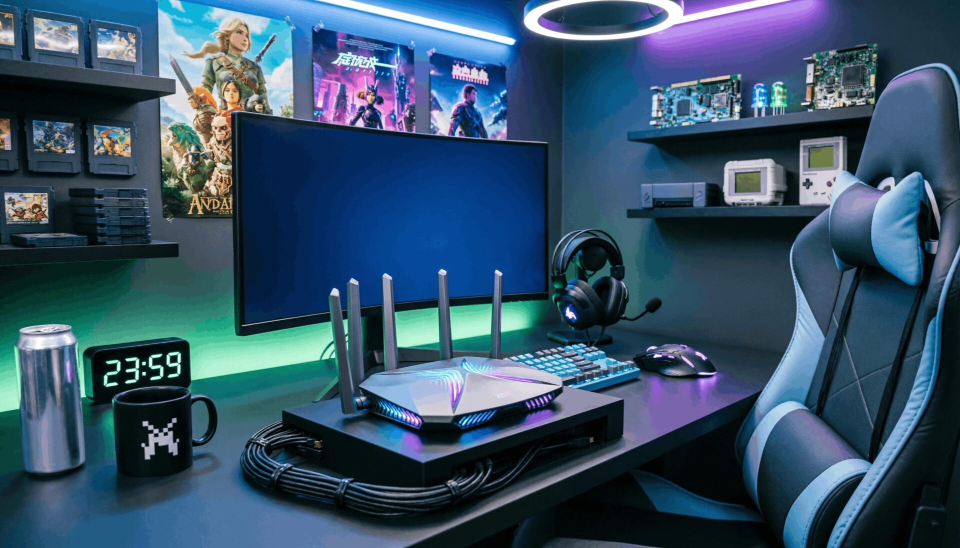 L'immagine mostra un router gaming in una postazione in stile nerd.