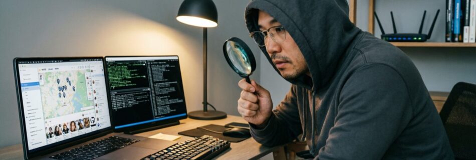 L'immagine mostra un detecctive hacker che fa analisi osint online,