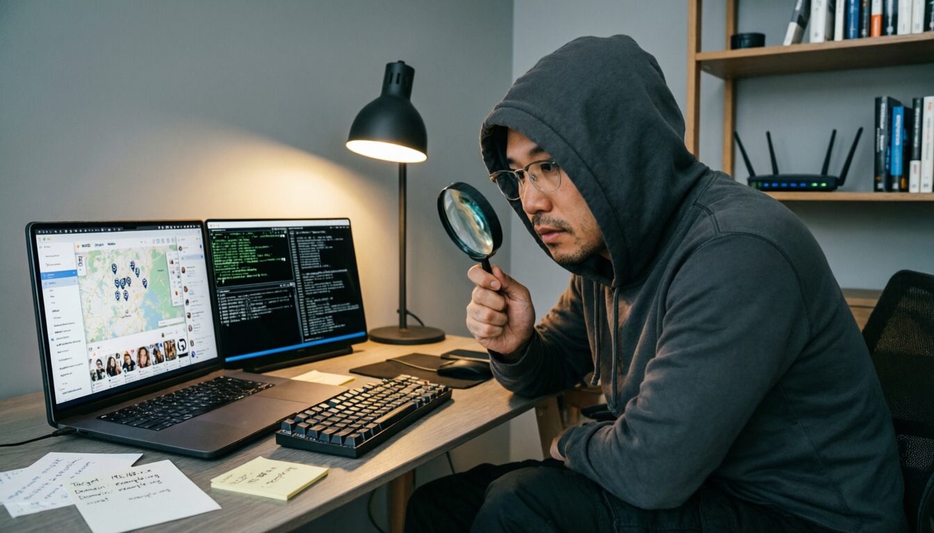 L'immagine mostra un detecctive hacker che fa analisi osint online,