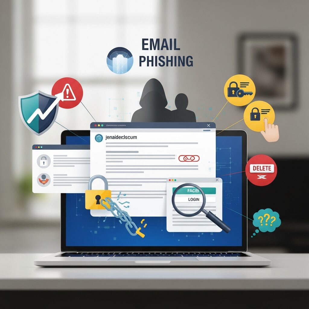 L'immagine mostra un esempio di phishing reale con esempi su un notebook.