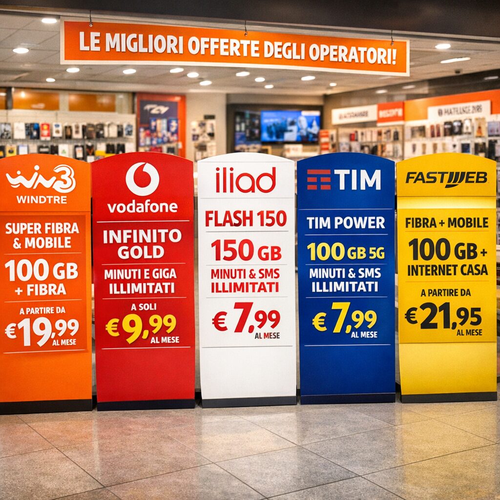 L'immagine mostra in un negozio offerte migliori di sim solo dati per telefoni e router.
