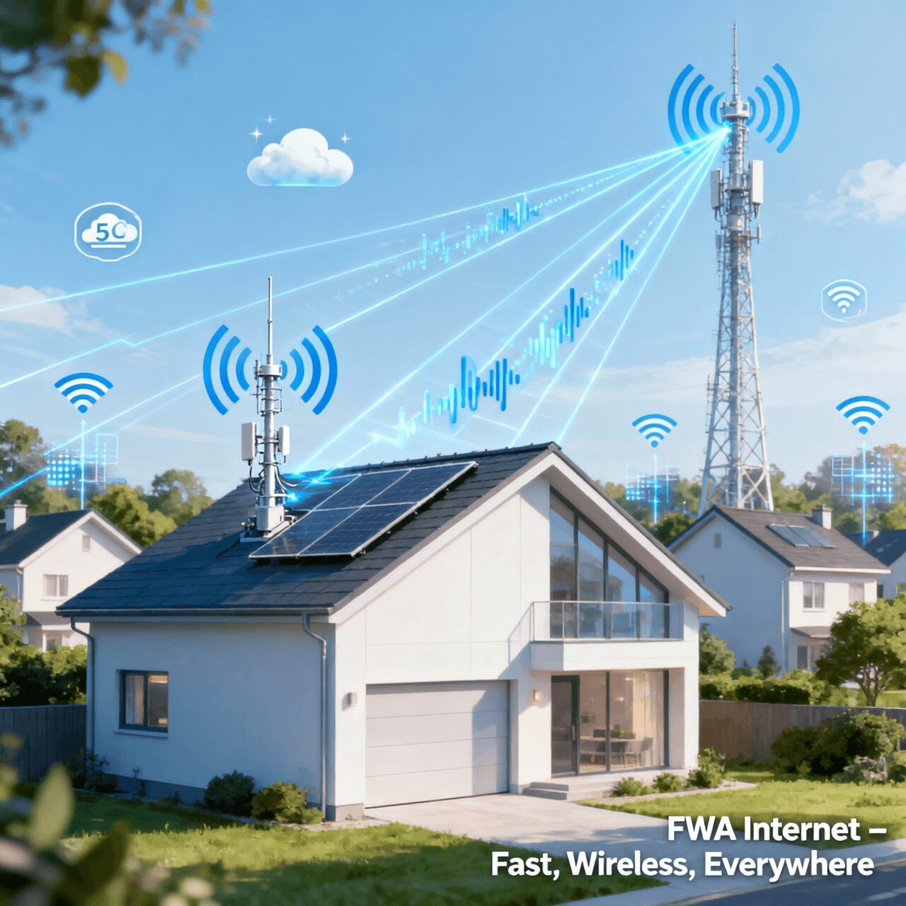 L'immagine mostra una casa con connessione attiva via fwa.