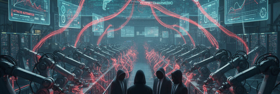 L'immagine mostra un attacco cybercriminale a livello industriale da hacker blackhat,