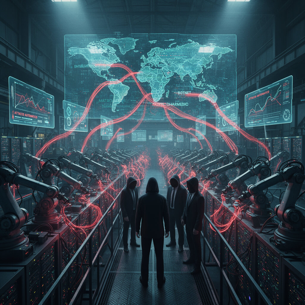 L'immagine mostra un attacco cybercriminale a livello industriale da hacker blackhat,