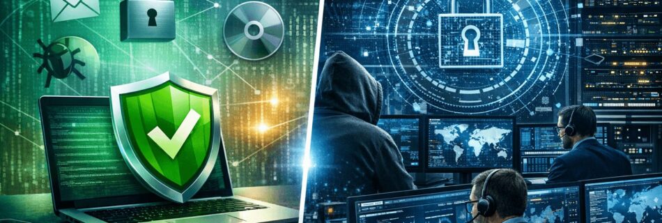 L'immagine mostra un confronto tra antivirus gratis e premium e hacker.