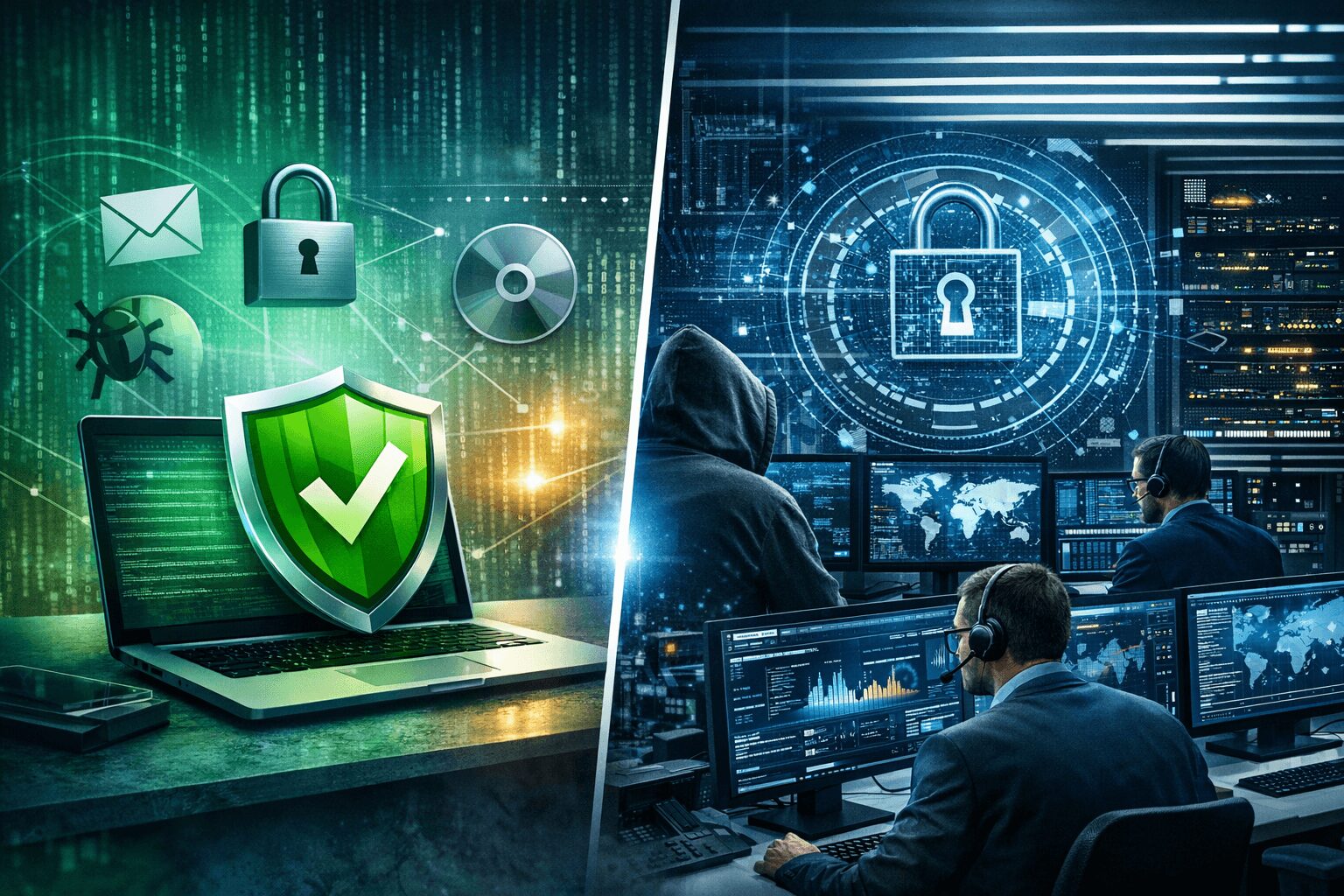 L'immagine mostra un confronto tra antivirus gratis e premium e hacker.