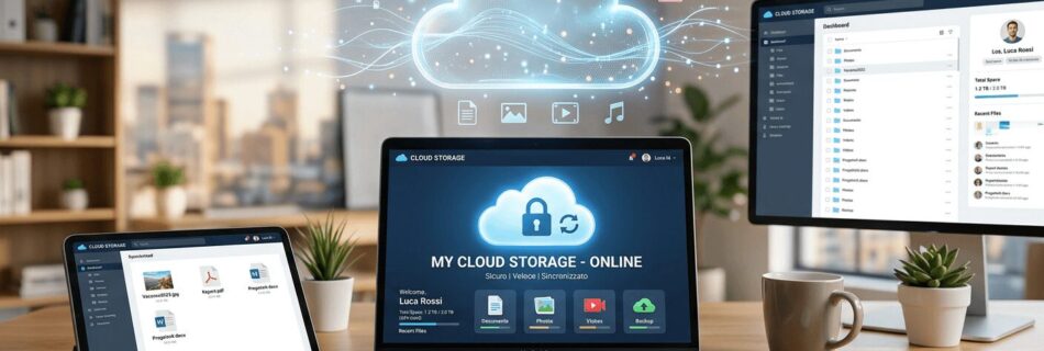 L'immagine mostra un notebook con simbolo di archivio nel cloud storage sicuro.