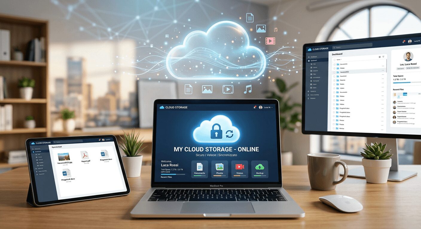 L'immagine mostra un notebook con simbolo di archivio nel cloud storage sicuro.