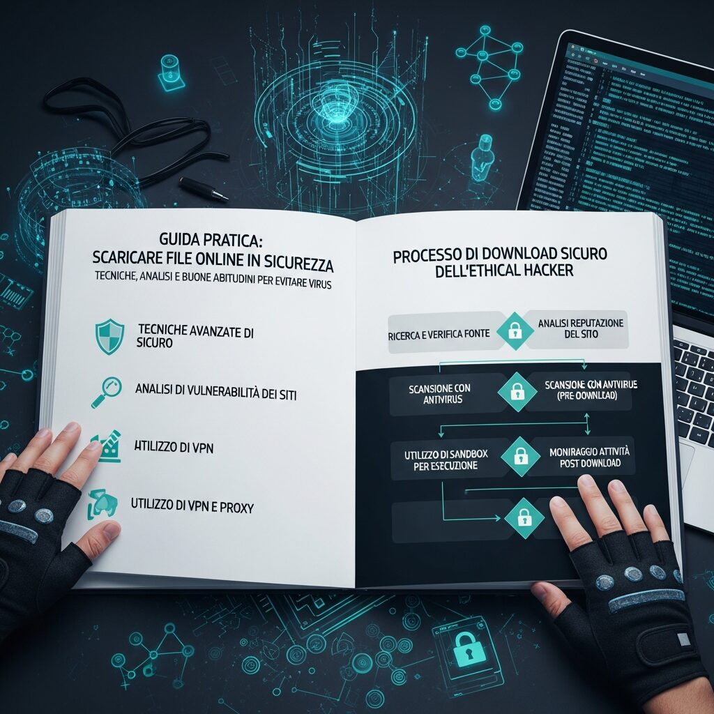 L'immagine mostra un libro che spiega come proteggersi per come scaricare online tutto in sicurezza.