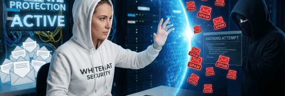 L'immagine mostra un hacker whitehat che blocca accessi ad email spam pericolosi.
