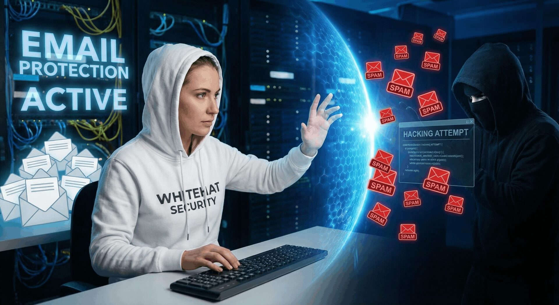 L'immagine mostra un hacker whitehat che blocca accessi ad email spam pericolosi.