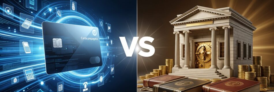 L'immagine mostra una carta prepagata e una sfida digitale con il conto corrente per capire i pro e i contro.