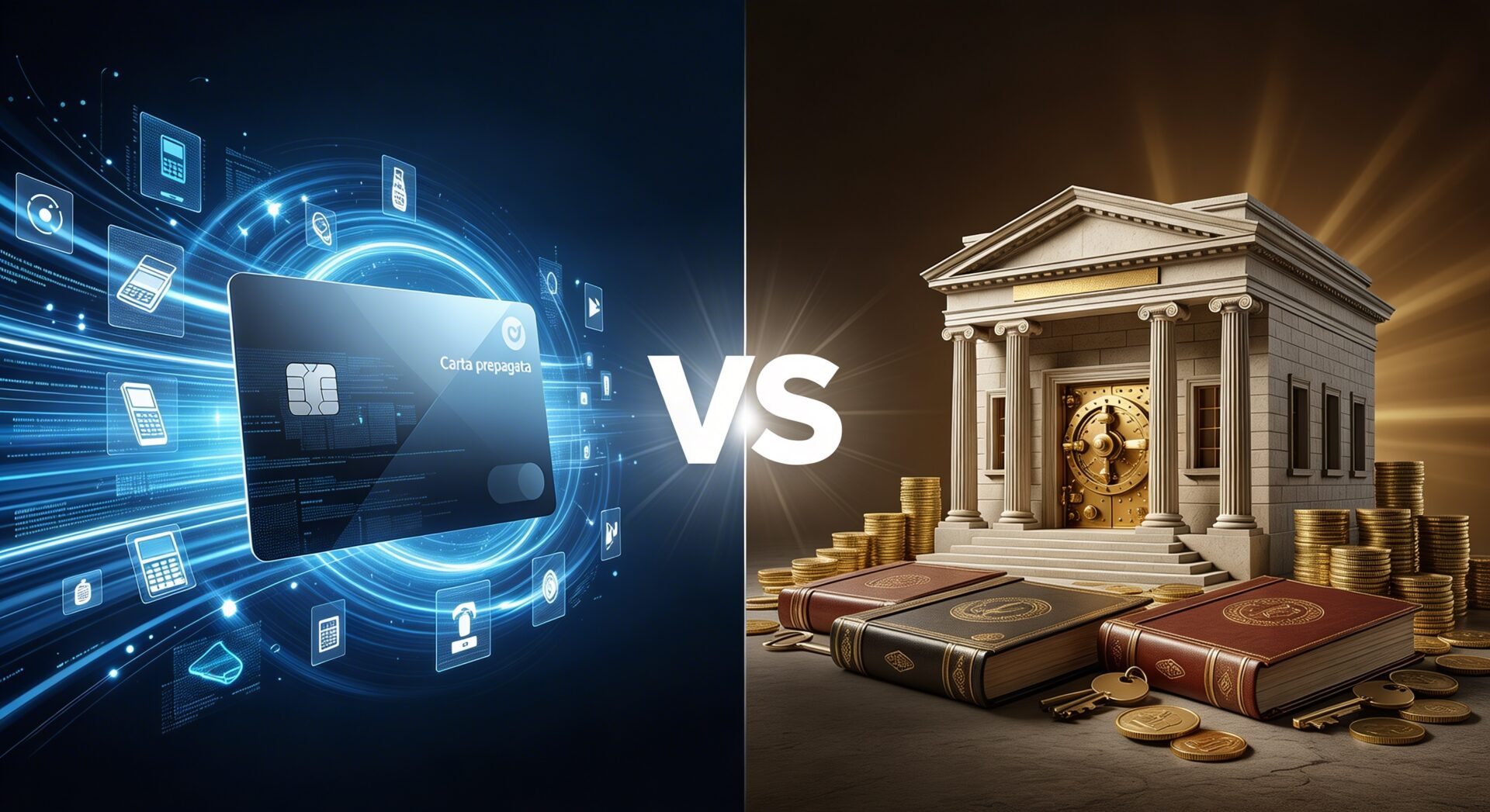 L'immagine mostra una carta prepagata e una sfida digitale con il conto corrente per capire i pro e i contro.
