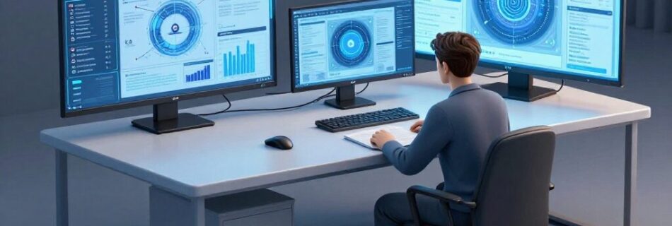 L'immagine mostra un utente al computer a controllare i rischi cyber dovuti dalla AI.