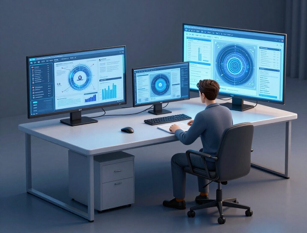 L'immagine mostra un utente al computer a controllare i rischi cyber dovuti dalla AI.