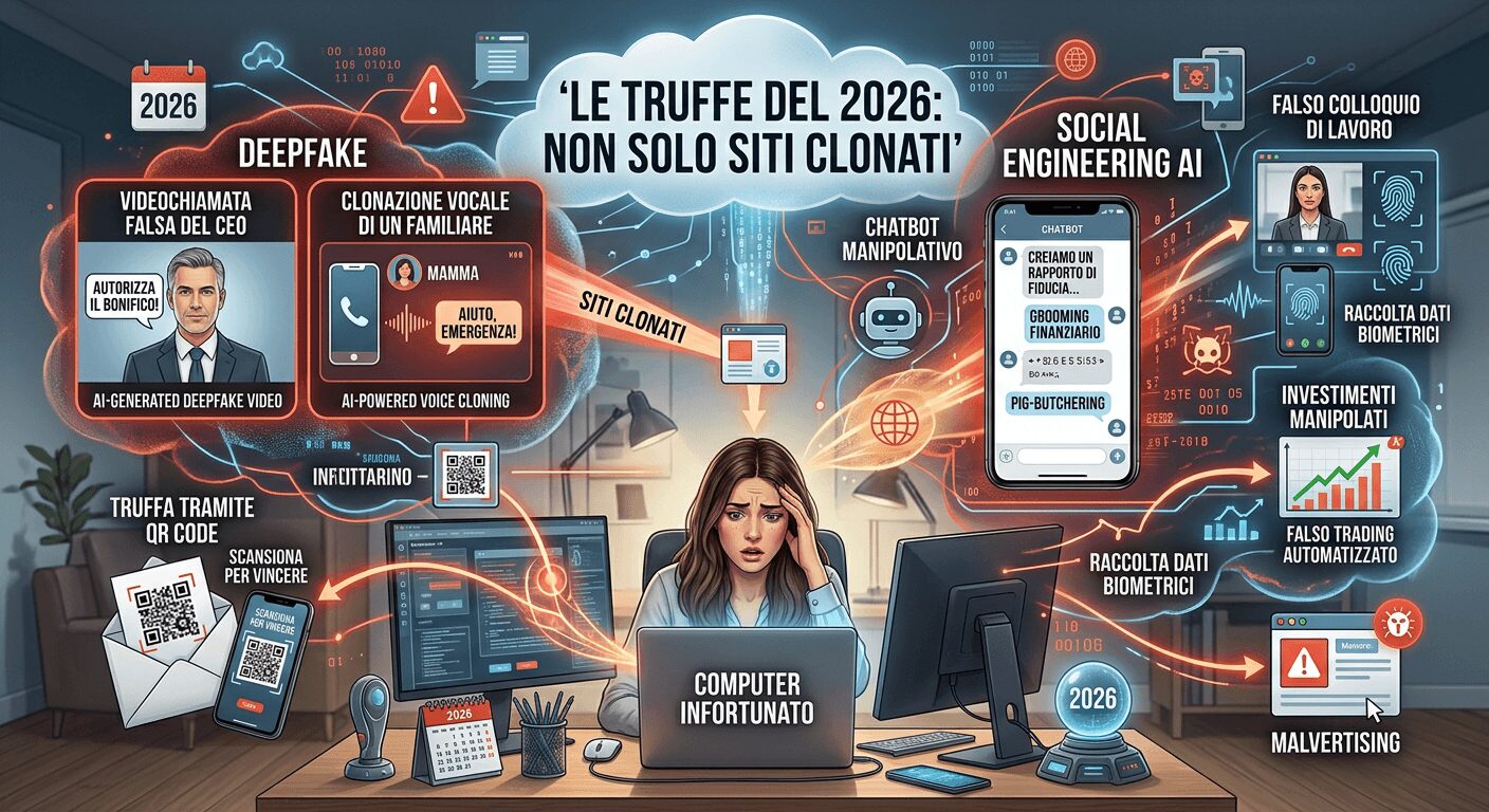 L'immagine mostra le truffe più comuni online del 2026.