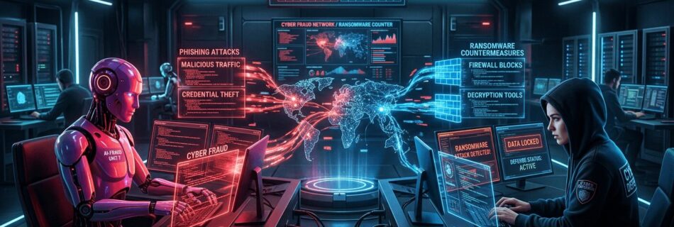 L'immagine mostra una sfida tra ia e umano su cyber fraud e ransomware.