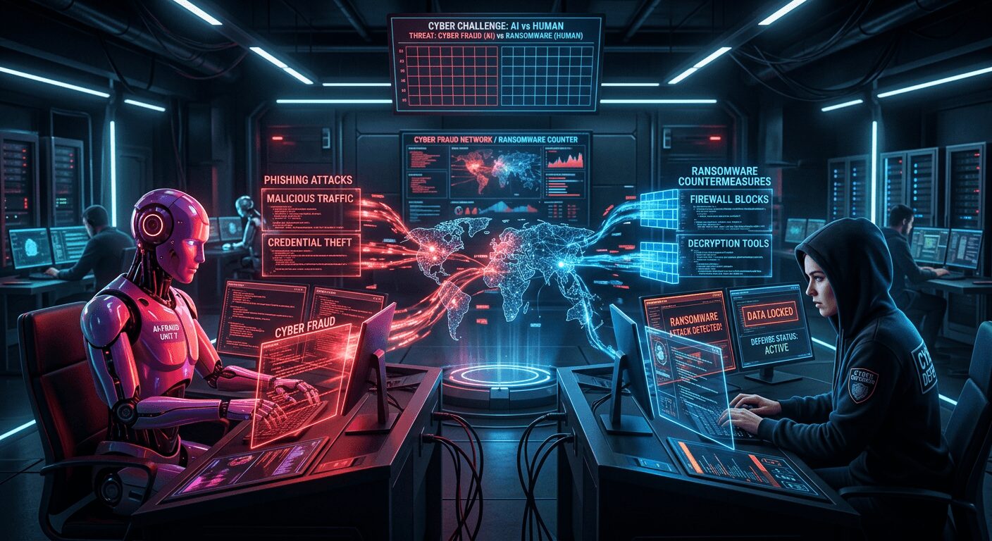 L'immagine mostra una sfida tra ia e umano su cyber fraud e ransomware.
