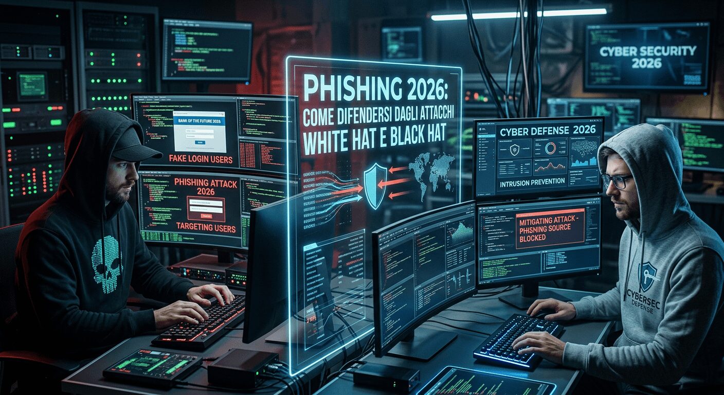 L'immagine mostra un attacco hacker e un blocco da parte di un white hat contro un blackhat hacker.