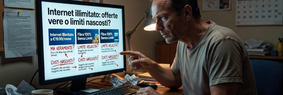 L'immagine mostra una persona a cercare un offerta per internet illimitato davanti ad un computer.