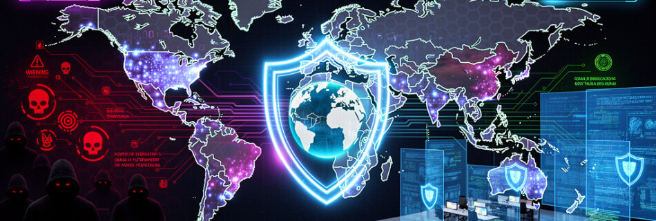 L'immagine mostra un mondo di sicurezza digitale sia in fase di guerra che in fase di difesa.
