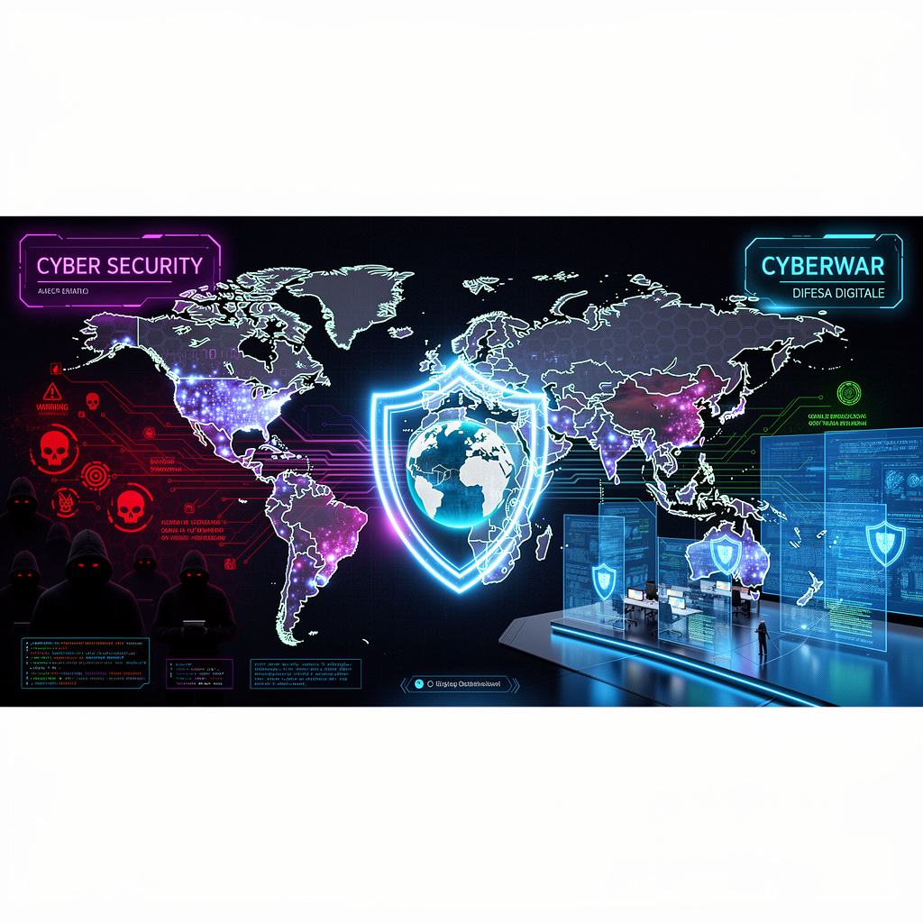 L'immagine mostra un mondo di sicurezza digitale sia in fase di guerra che in fase di difesa.