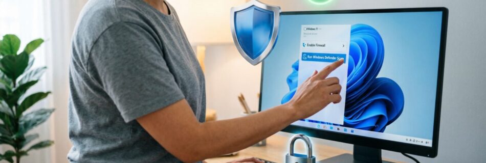 L'immagine mostra un utente che protegge il suo pc windows nel 2026.