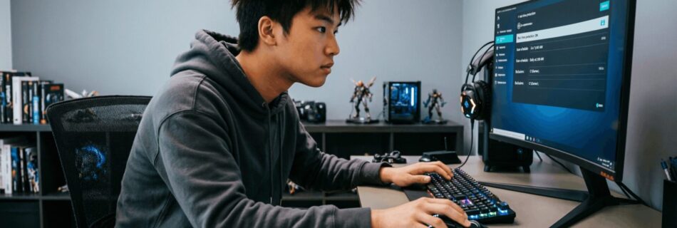 L'immagine mostra un ragazzo al computer mentre lo configura per gaming.