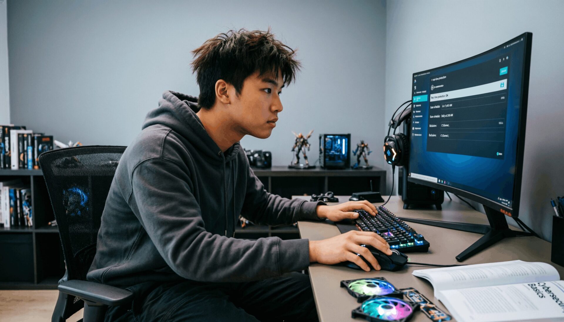L'immagine mostra un ragazzo al computer mentre lo configura per gaming.