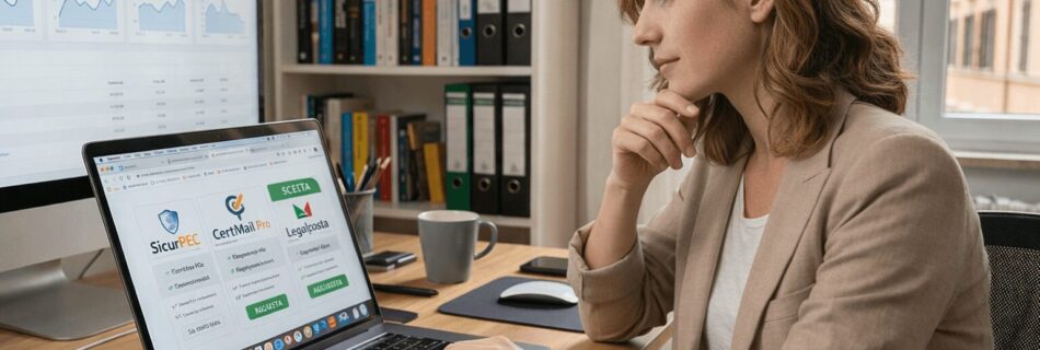 L'immagine mostra una donna al computer che cerca di scegliere la migliore pec per professionisti.