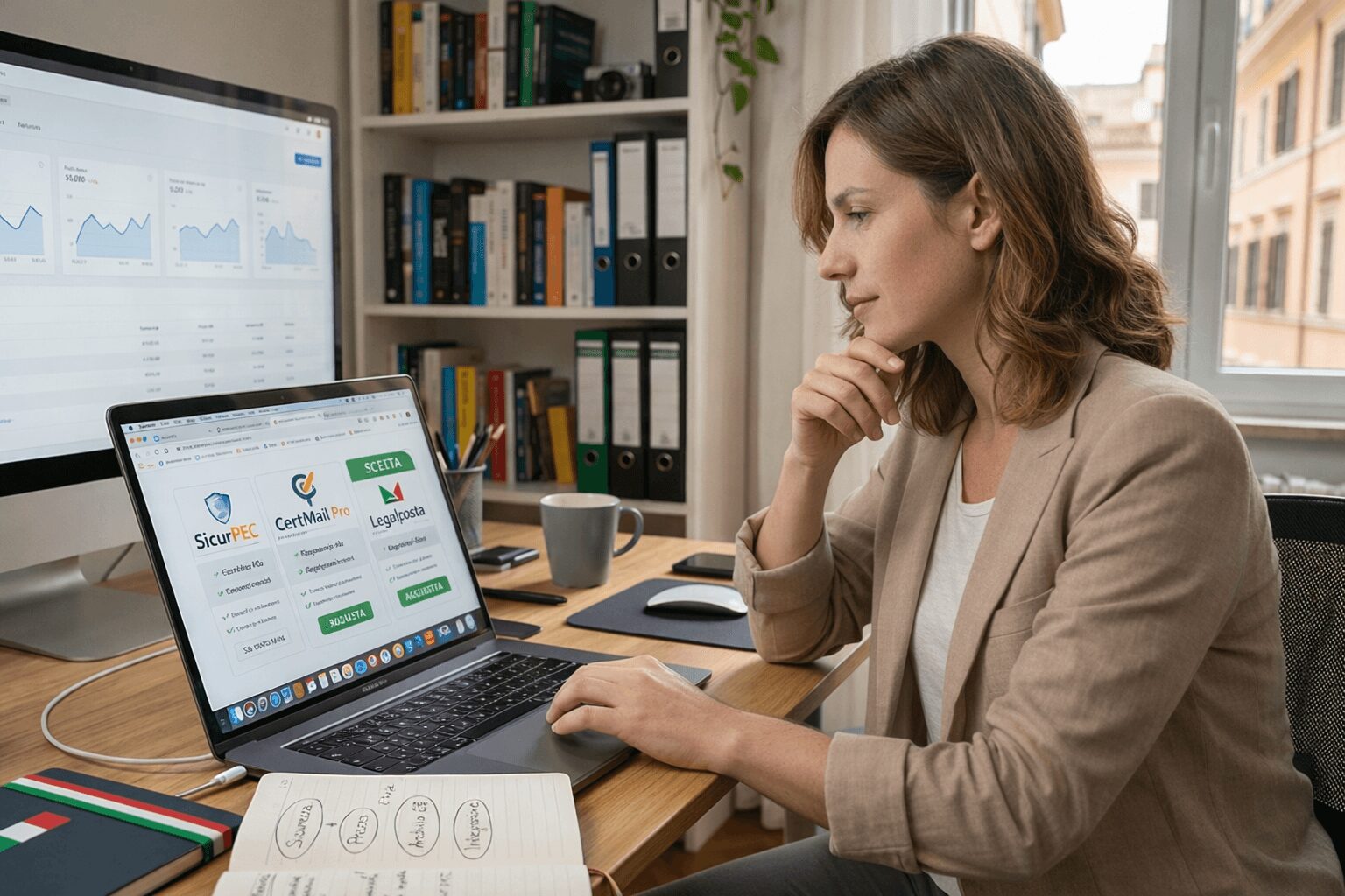 L'immagine mostra una donna al computer che cerca di scegliere la migliore pec per professionisti.