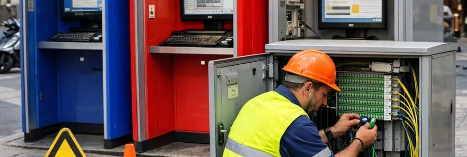 L'immagine mostra un operatore che connette devi cavi in fibra alle cabine propronendo nuove offerte.