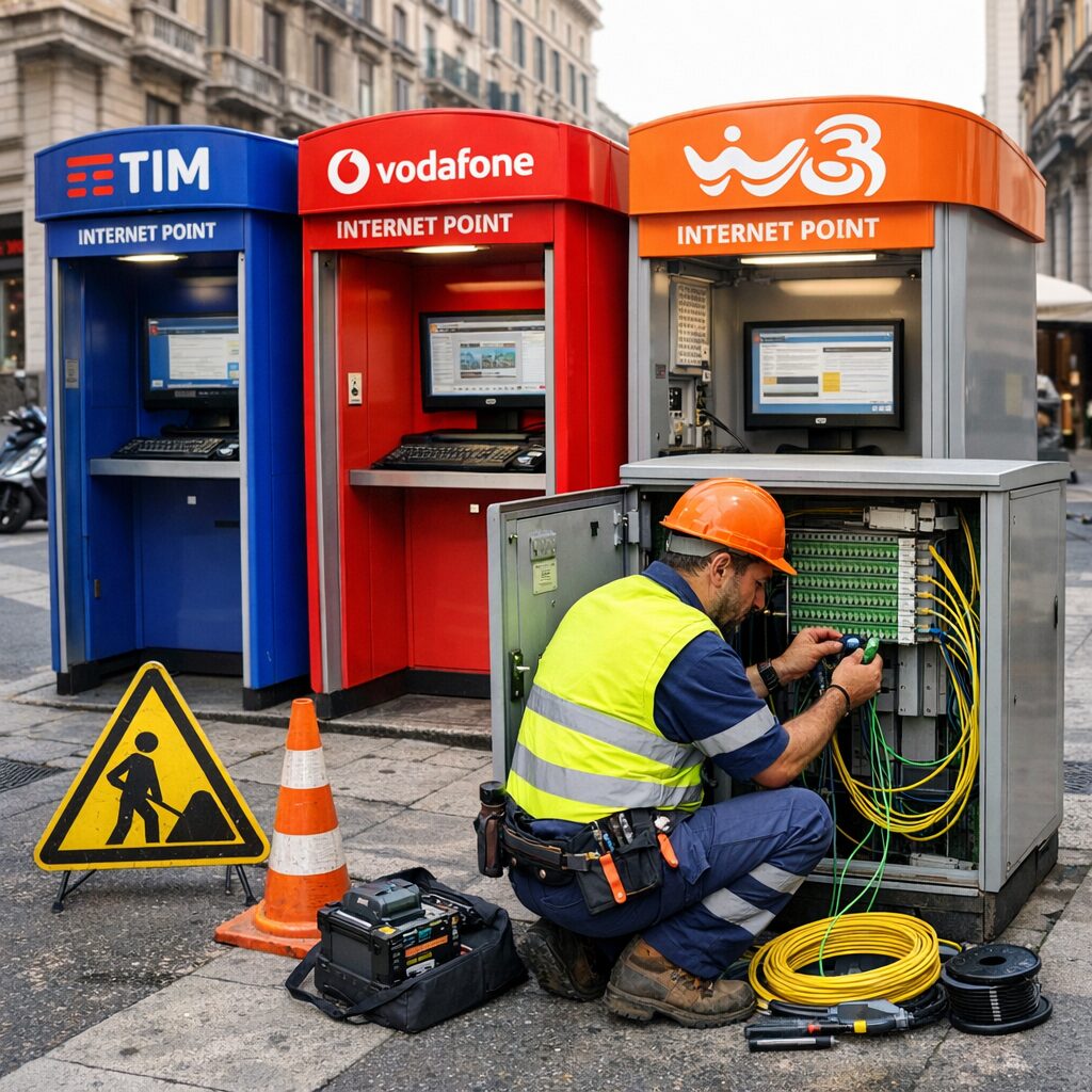 L'immagine mostra un operatore che connette devi cavi in fibra alle cabine propronendo nuove offerte.
