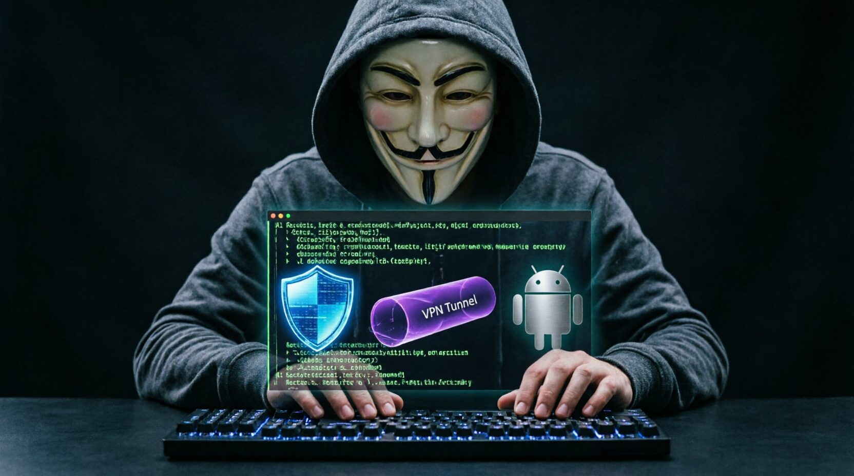 L'immagine mostra un membro con maschera di guy fakes che usa vpn.
