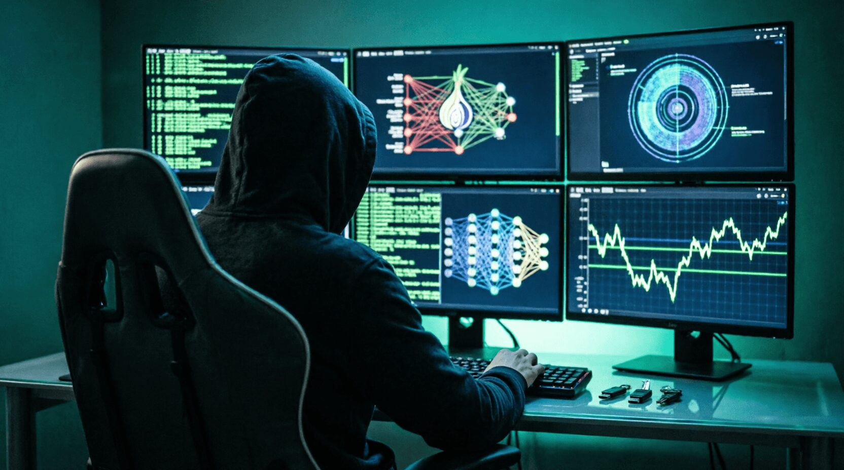 L'immagine mostra un hacker che accede al darkweb e scopre la rete onion.