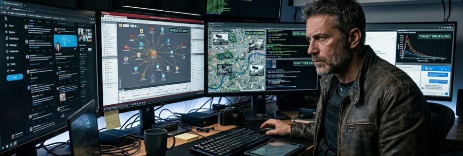 L'immagine mostra un detective con strumenti osint in esecuzione.