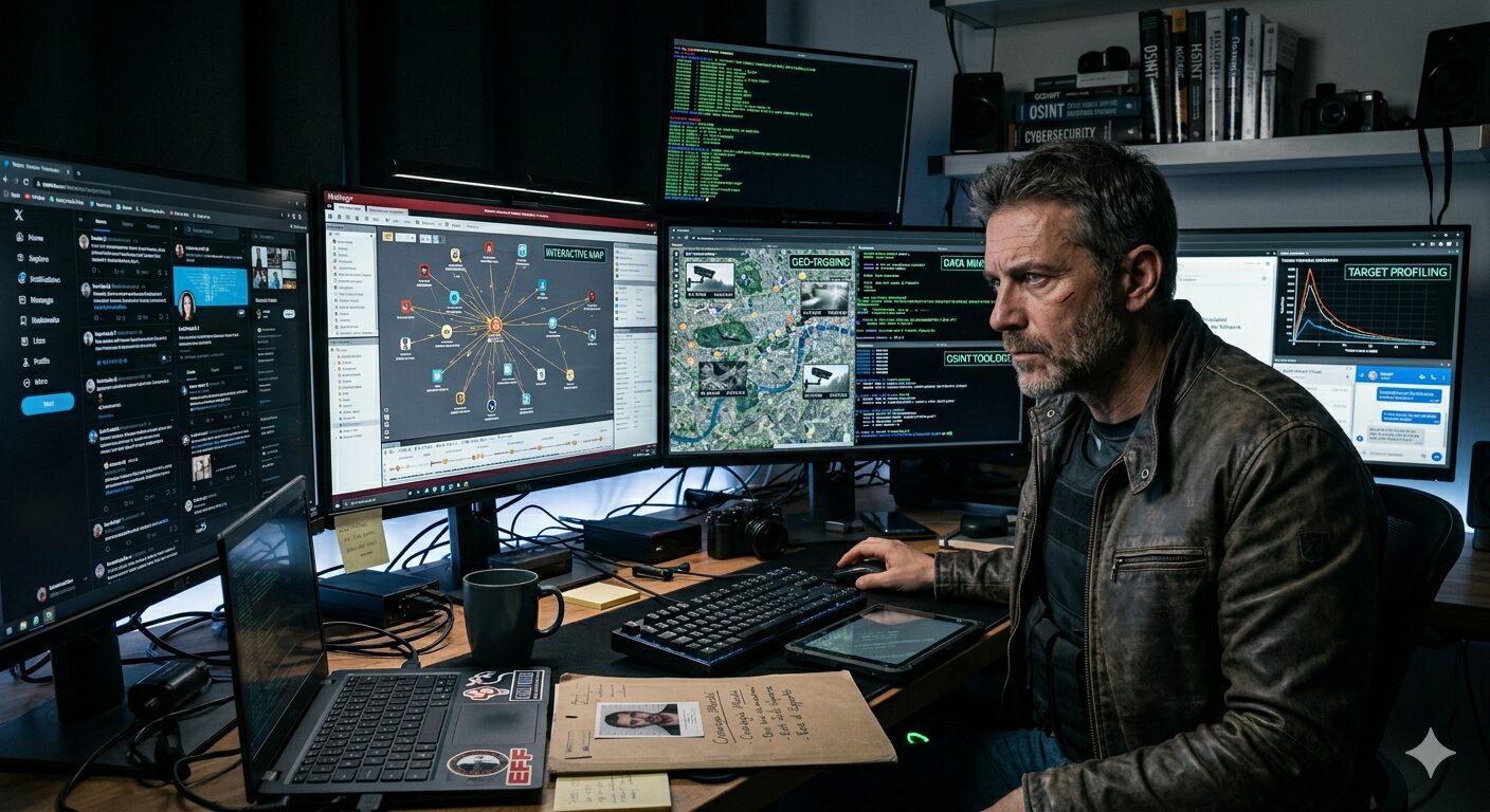 L'immagine mostra un detective con strumenti osint in esecuzione.
