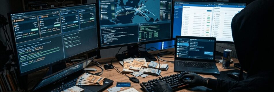 L'immagine mostra un hacker blachhat che fa truffa con money muling.