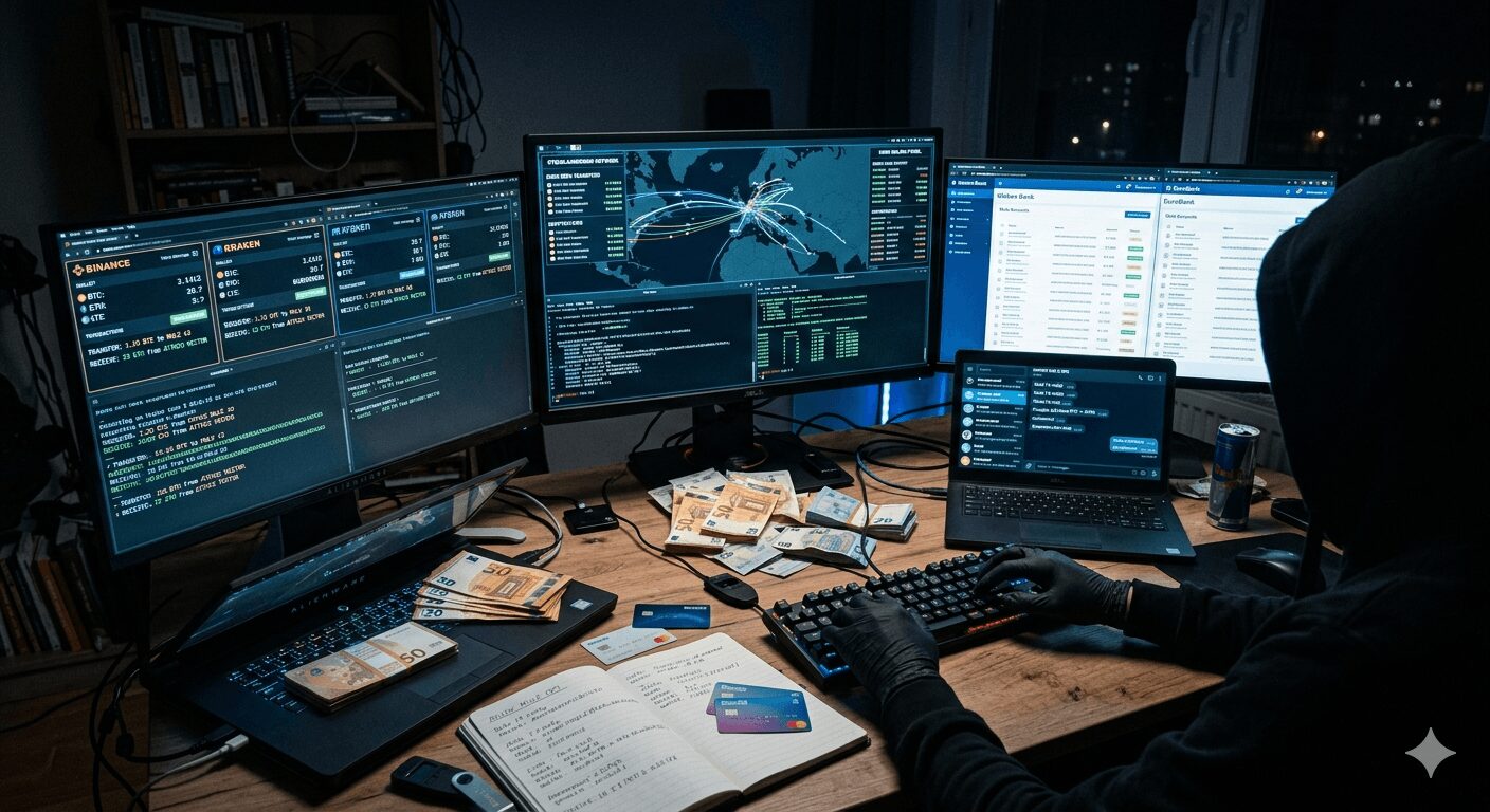 L'immagine mostra un hacker blachhat che fa truffa con money muling.