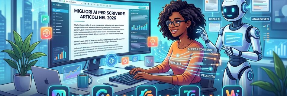 L'immagine mostra un immagine dove una persona sfrutta intelligenza artificiale per creare articoli nel 2026 con i migliori strumenti IA.