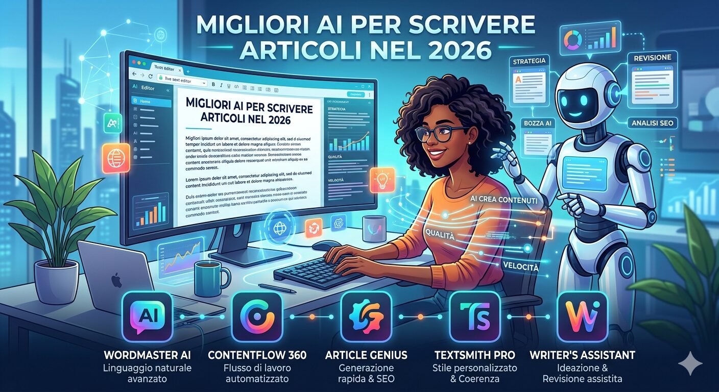 L'immagine mostra un immagine dove una persona sfrutta intelligenza artificiale per creare articoli nel 2026 con i migliori strumenti IA.