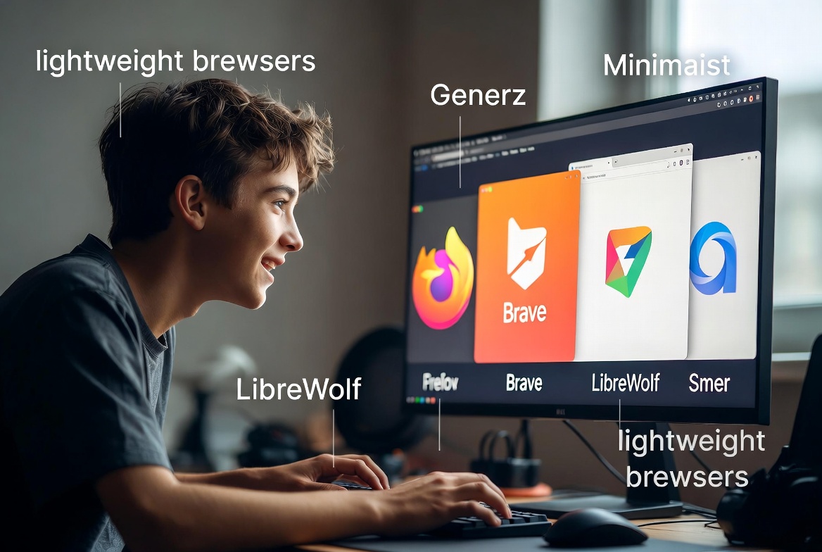 L'immagine mostra un ragazzo che prova dei browser al computer.