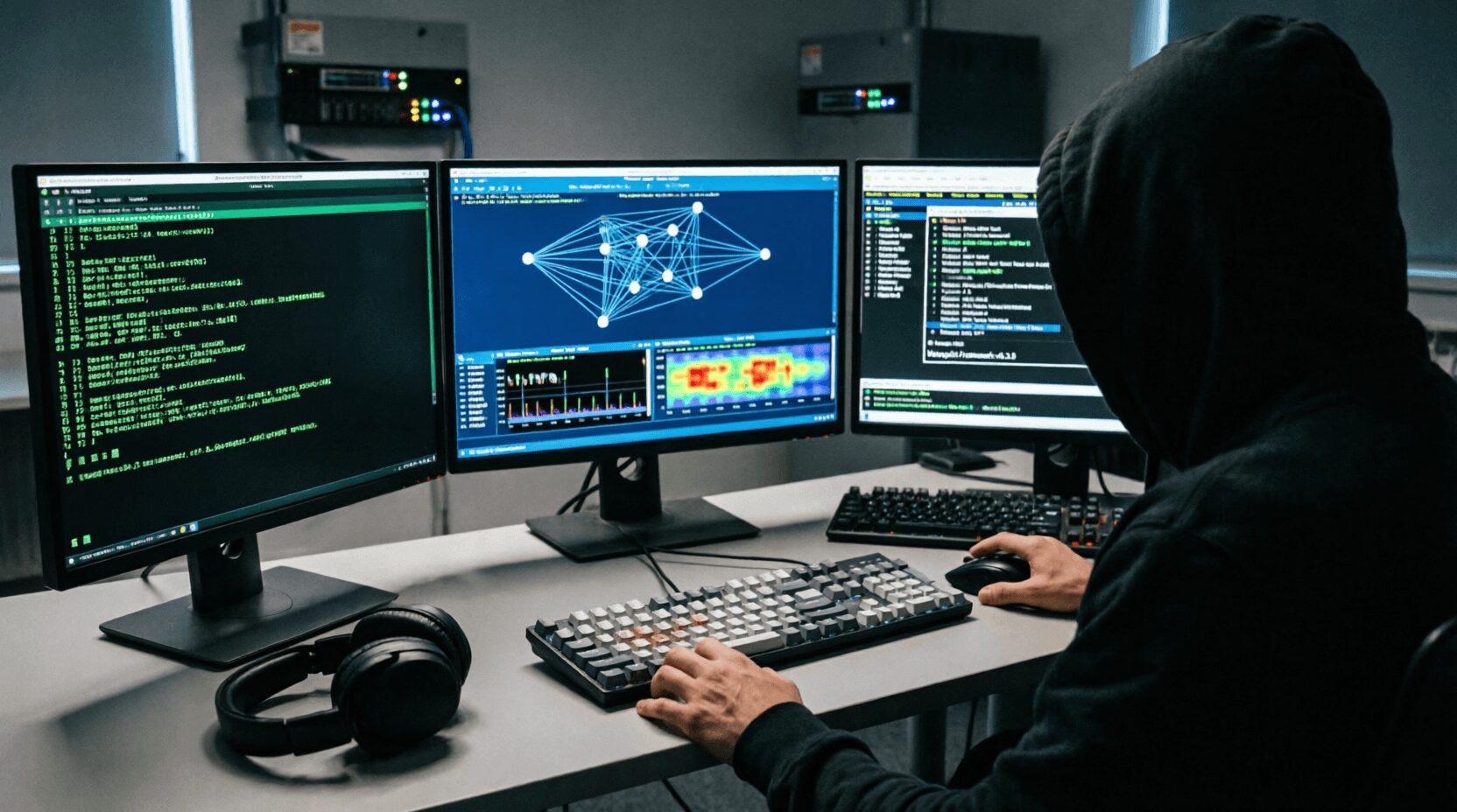 L'immagine mostra una postazione hacking.