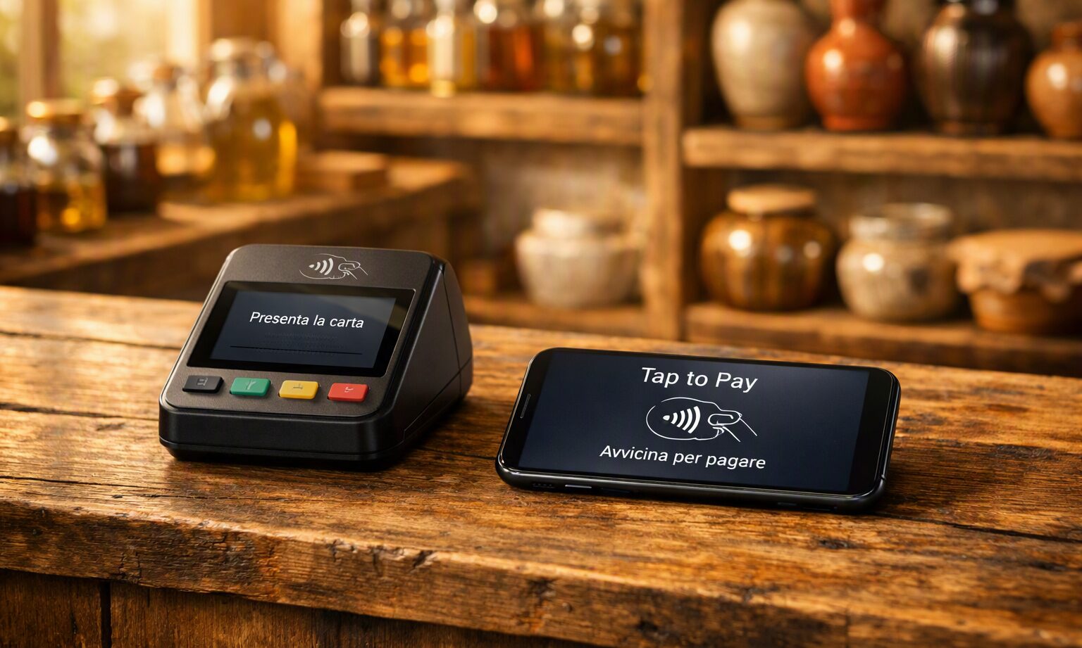 L'immagine mostra dei pos su un banco.