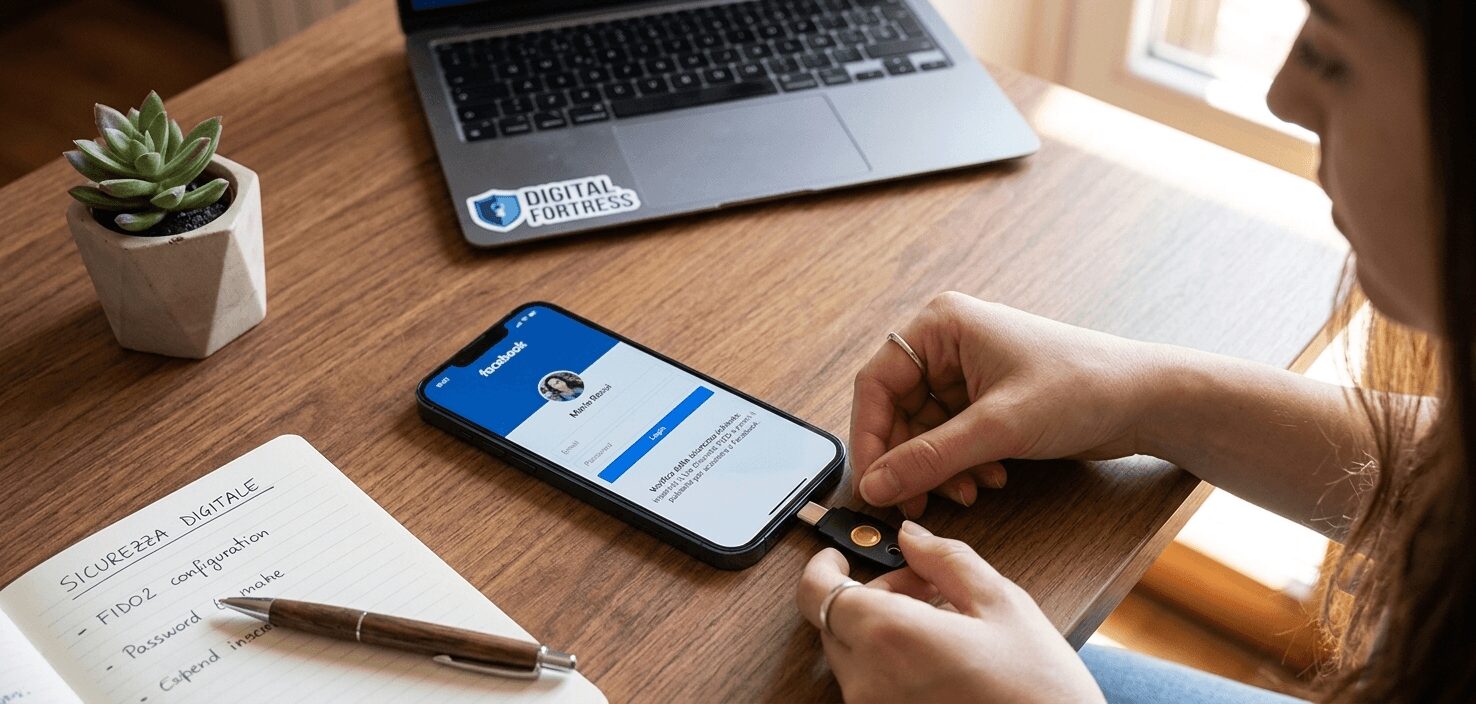 L'immagine mostra una pendrive fido2 per collegarsi in sicurezza sui social.