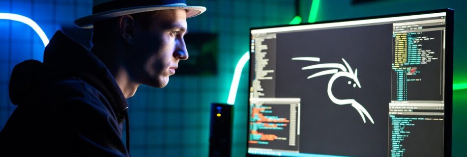 L'immagine mostra un hacker whitehat usando kali linux.